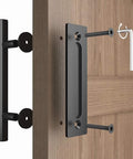 All New 12 Inch Sliding Barn Door Handle Pull And Flush Hardware Set With Flat Back Plate In Rustic Black installation image