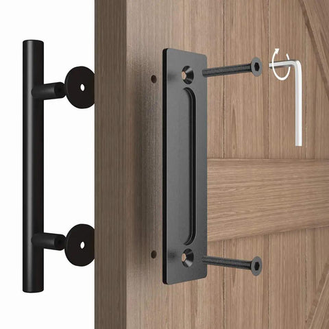 All New 12 Inch Sliding Barn Door Handle Pull And Flush Hardware Set With Flat Back Plate In Rustic Black installation image