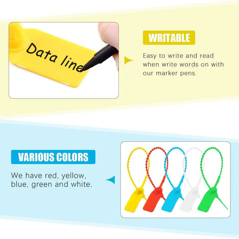 Image of 105 Piece Colorful Security Zip Ties Set With Self Locking Tamper Seal Tags In Red Yellow Blue Green And White For Fire Extinguishers First Aid Kits Luggage And More Plus Five Black Marker Pens showing writable tags and colors.