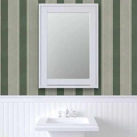Pro Level Paste To Paper Rustic Victorian Wallpaper With Smooth Matte Linen Texture Hardcore Durable Vinyl Free Wallcovering For Fast Home Makeover And Commercial Space Setup Upgraded Residential And Business Fit in bathroom setting with mirror.