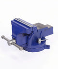 Swivel Bench Vise 6 Inch Heavy Duty Cast Iron Workbench Clamp For Mechanics And DIYers Rotating Tool Holder With Secure Locking Base in blue.