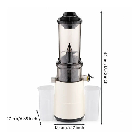 Rice White Masticating Juicer Mouth Cold Press Machine For Health Enthusiasts with two cups and measurement details.