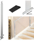 Slope Cable Railing Post 36 Inch For 25 To 40 Degree Slopes Brushed T304 Stainless Steel Cable Railing System Kit For Indoor Outdoor Use With User Guide And 5 Degree Spacer PR11 LA4S with spacer and installation tools displayed on stairs.
