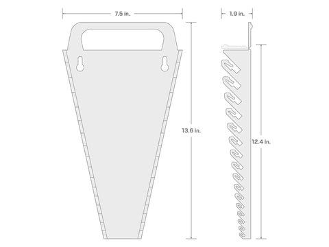 Diagram showing dimensions of 15 Tool Wrench Holder For Tekton 1/4 To 1 Inch Combination Wrenches With Nonslip Flexible Teeth Grip