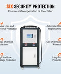 Heavy Duty Industrial Water Chiller Featuring Rapid Air Cooled Setup And Slick Temperature Regulation With Six Horsepower Auto Pump And Stainless Steel Reservoir Tank with security features.