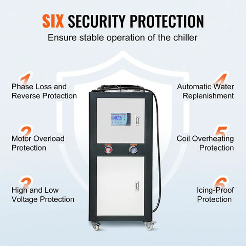 Heavy Duty Industrial Water Chiller Featuring Rapid Air Cooled Setup And Slick Temperature Regulation With Six Horsepower Auto Pump And Stainless Steel Reservoir Tank with security features.