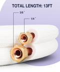 Close-up of 13 Ft Mini Split Line Set 1/4 And 3/8 Inch AC Copper Tubing Pipe with connectors and insulation.