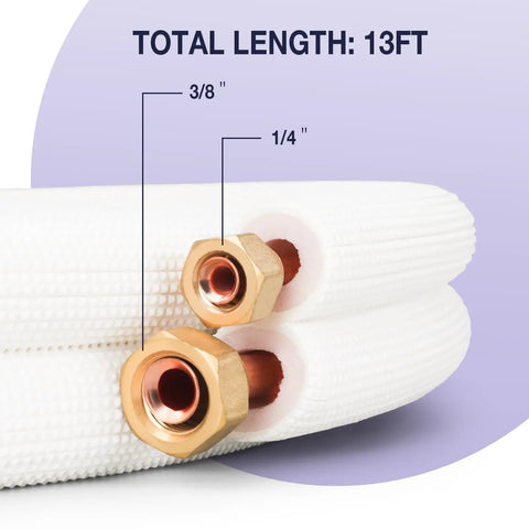 Close-up of 13 Ft Mini Split Line Set 1/4 And 3/8 Inch AC Copper Tubing Pipe with connectors and insulation.