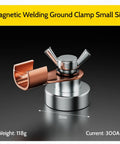 Compact Magnetic Grounding Clamp for Welding, showing copper and alloy steel components, labeled dimensions and weight