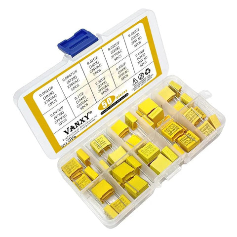 275VAC X2 MKP Safety Capacitor Kit 10 Value Pack With 50 Pieces In Yellow Plastic Case, 10mm Pitch, Polypropylene Film Capacitors