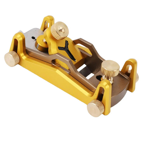 Heavy Duty Low Angle Hand Plane With Solid Aluminum Body For Butter Smooth Planing And Razor Crisp Chamfering Adjustable Cutting Angles showing detailed aluminum construction and adjustable knobs.