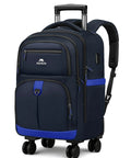 Dunkelblauer Rucksack mit vier Rollen, USB-Ladeanschluss und wasserabweisender inch  roller für Reisen und Geschäftsreisen.