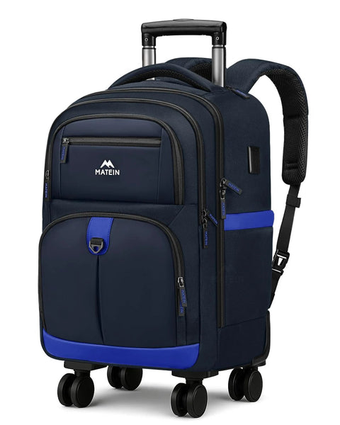 Dunkelblauer Rucksack mit vier Rollen, USB-Ladeanschluss und wasserabweisender inch  roller für Reisen und Geschäftsreisen.