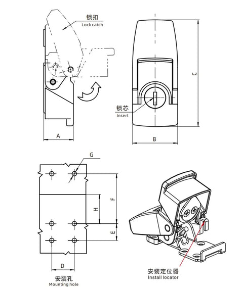 Diagram of Rock Solid Heavy Duty Industrial Over Center Draw Latch With Keyhole Cabinet Lock showing dimensions and locking mechanism.