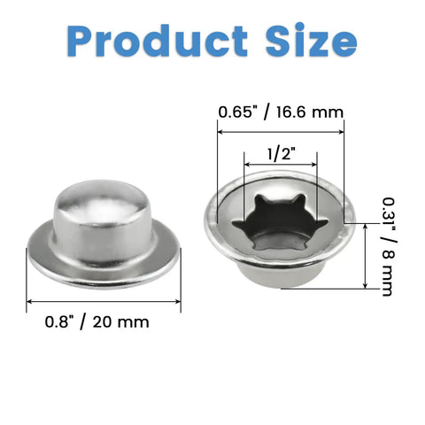 Heavy Duty Push On Pushnut Caps Set For Half Inch Axles Spring Steel Construction No Drill Required shown with dimensions