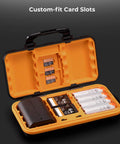Open Rugged Water Resistant Camera Battery And Card Case with SD, CF cards, AA batteries visible, shockproof storage.