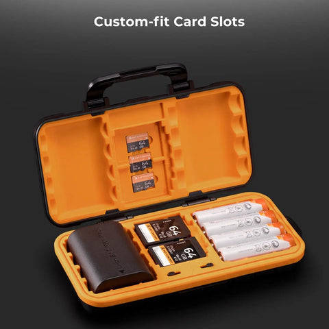 Open Rugged Water Resistant Camera Battery And Card Case with SD, CF cards, AA batteries visible, shockproof storage.