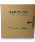 Box labeled 'Wiping Cloths' containing White Cotton Wiping Rags Set Made From Premium T Shirt Material Lint Free Cleaning Cloths For Automotive Detailing Industrial Shop Kitchen Cleaning And General Maintenance 25 Lbs.