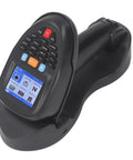 Wireless Handheld Barcode Scanner 2.4GHz 1D Barcode Reader with 2.2 inch LCD screen and charging base for inventory management.