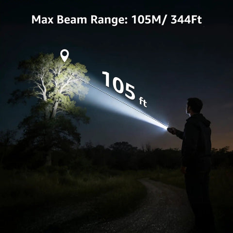 Night scene with person using Compact LED Mini Flashlight With Tiny But Mighty Brightness illuminating a distant tree, 105 ft.