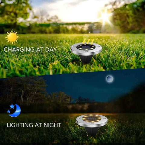 Solar Disk Lights For Outdoor Landscaping And Pathways No Fuss LED Easy Stake Mount Waterproof Stainless Steel Tops Rust Free Garden Lights 8 Pack For Reliable Nighttime Illumination charging during day and lighting at night.