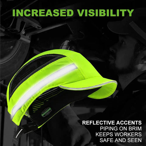 Side view of Lightweight Bump Cap With Baseball Cap Style, Breathable Head Protection For Adults, ABS Shell, reflective stripes.