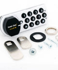 Combi Cam E Electronic Cabinet Lock With Keyless Security White Finish Small 7910 K10 components with keypad and accessories.