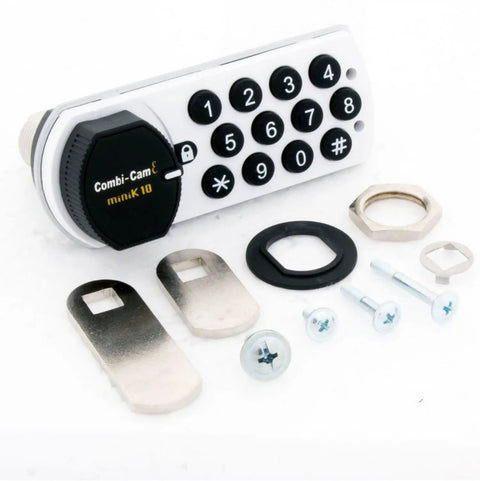 Combi Cam E Electronic Cabinet Lock With Keyless Security White Finish Small 7910 K10 components with keypad and accessories.
