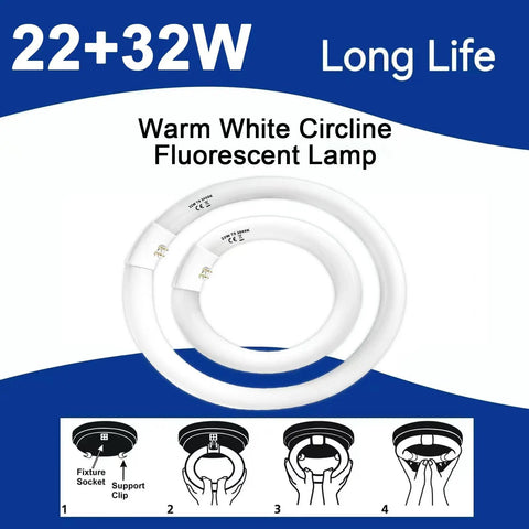 Two circular fluorescent lamps labeled 22+32W, with installation instructions below; warm white circline fluorescent lamp.
