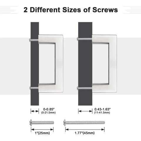Diagram showing two sizes of screws for Three Inch Hole Center Cabinet Pulls In Brushed Nickel, Satin Nickel Square Drawer Handles.