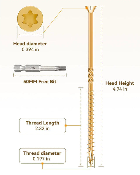 Diagram of 100 Count 10x5 Deck Screws For Exterior Wood Tan Color Rust Resistant Epoxy Coated Heavy Duty Construction Screws with dimensions