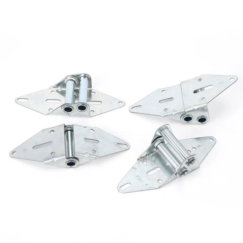 Beefed Up Heavy Duty Garage Door Hinge Kit With 14 Gauge Steel For Seven Sixteenth Inch Rollers Includes 1 2 3 4 Hinges And Self Drilling Screws Easy Replacement Rust Resistant Durable Build, four hinges on white background