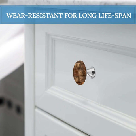 Dope Walnut Wood Grain Round Cabinet Knob Set, 2 Pack With Screws For Drawer Wardrobe Dresser Cupboard Home Office And Kitchen Decor Easy Install Durable Finish For A Smooth Modern Look Easy To Clean installed on white cabinet, showcasing wood grain detail.