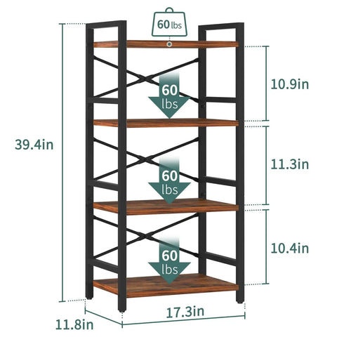 Compact 4 Tier Bookshelf Featuring Heavy Duty Metal Frame And Smooth Wood Shelves dimensions and weight capacity shown.