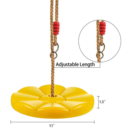 Yellow disc with adjustable rope, 11-inch diameter, part of Daisy Disc Tree Swing With Rope Seat For Backyard Play Blue Monkey Swing Style.