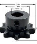 Top Grade ANSI 40 Roller Chain Sprocket, Type B, 1/2 Inch Bore, 9 Teeth, Hardened 1045 Carbon Steel with measurements.