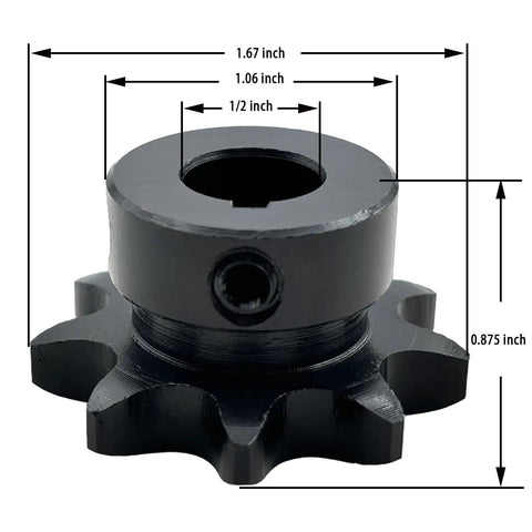 Top Grade ANSI 40 Roller Chain Sprocket, Type B, 1/2 Inch Bore, 9 Teeth, Hardened 1045 Carbon Steel with measurements.