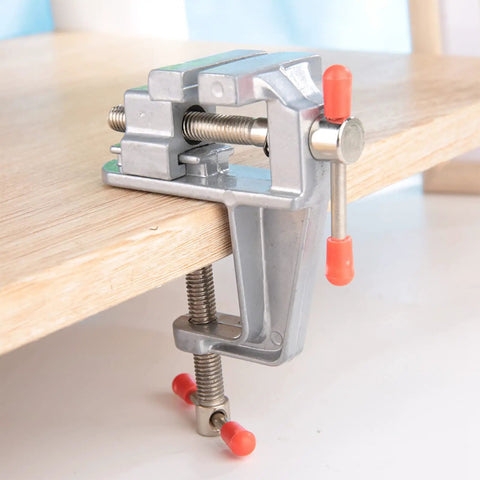 Mini Bench Vise for Jewelry Making and DIY Repairs, sturdy metal clamp on table edge showing 36mm opening, precision hold
