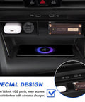 Center Console Organizer for VW Golf GTI R MK8 2022 2026 with Non Slip Silicone Mat, showing USB and wireless charging compatibility.