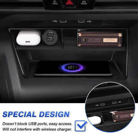 Center Console Organizer for VW Golf GTI R MK8 2022 2026 with Non Slip Silicone Mat, showing USB and wireless charging compatibility.
