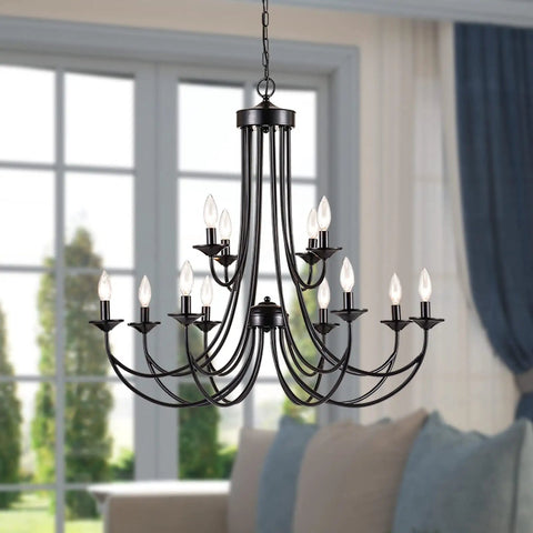 Farmhouse Twelve Light Candle Chandelier Black Wrought Iron Pendant Light 2 Tier Rustic Industrial Ceiling Fixture