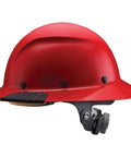 Side view of Dax Fiber Resin Full Brim Safety Helmet with Six Point Suspension, red with moisture-wicking EVA foam, lightweight design.