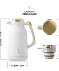 Thermal Stainless Steel Coffee Carafe With Double Wall Vacuum Insulation 68 Ounces, side and top views, white gold finish.