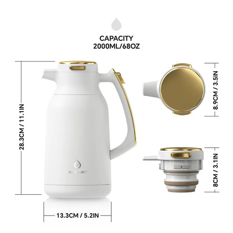 Thermal Stainless Steel Coffee Carafe With Double Wall Vacuum Insulation 68 Ounces, side and top views, white gold finish.