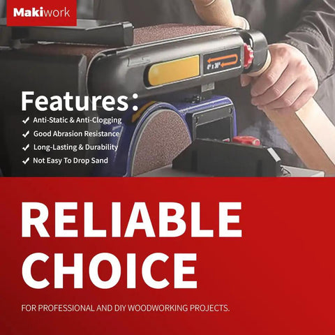 Person using Beefy Pro Grade Sanding Belts And PSA Discs Set For Wood And Metal Polishing shown with features list