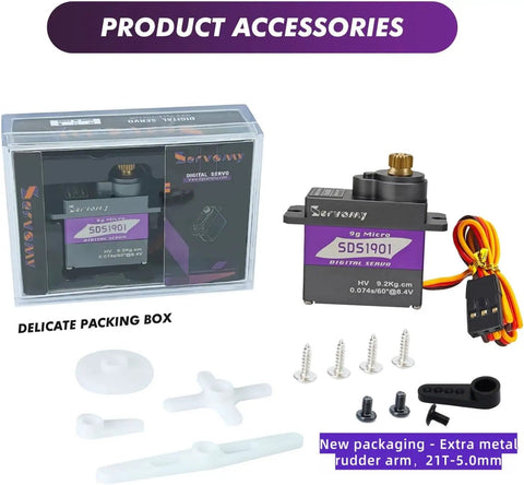 SERVOMY-SDS1901 high torque micro servo in packaging with accessories, SG90/MG90S compatibility, grey metal case, 21T arm shown