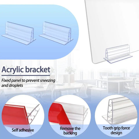 Six Pack Heavy Duty Self Adhesive Sneeze Guard Holders With Secure Locking Design For Quarter Inch Clear Acrylic Sheets displayed on a desk.
