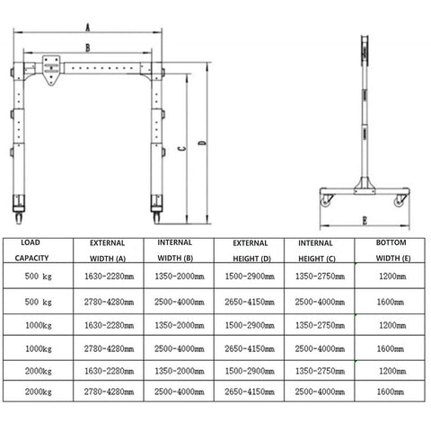 Technical diagram showing dimensions and load capacity for Badass Portable Gantry Crane With Two Thousand Kg Capacity and Quick Adjust High Strength Aluminum Tower Design.