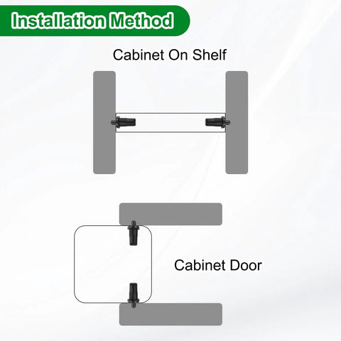 Installation method illustration for Top Shelf Spring Loaded Shutter Repair Pins 60 Piece Set Black Durable Steel fasteners in cabinet.
