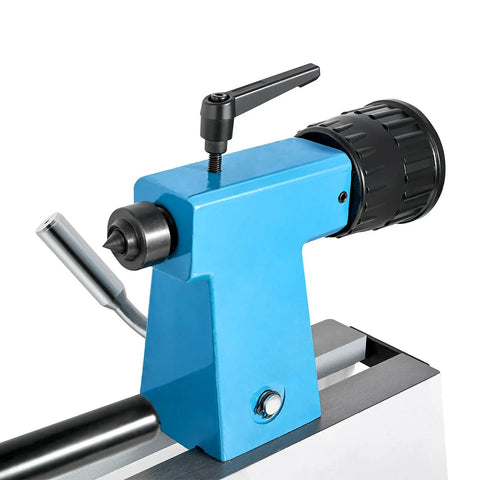 Close-up of Compact Benchtop Wood Lathe 8x12 Inch Bed 1/3 HP With Infinitely Variable Speed 750-3200 RPM MT1 Spindle And Tailstock Tapers